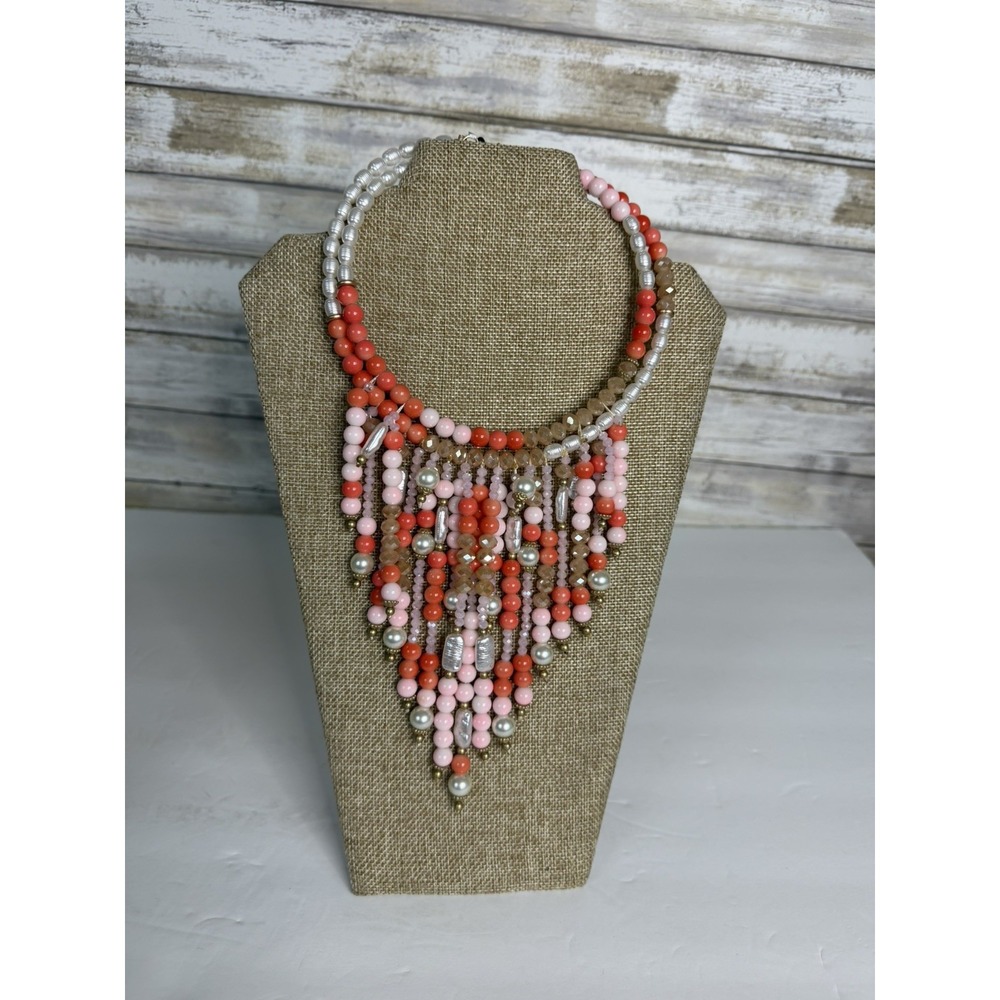 Coral Pink Beaded Bib Necklace Boho Statement Jewelry Fringe Waterfall Cascade